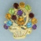 Rainbow Colored Gemstone And Diamond Flower Basket Design Pin In 14k Yellow Gold