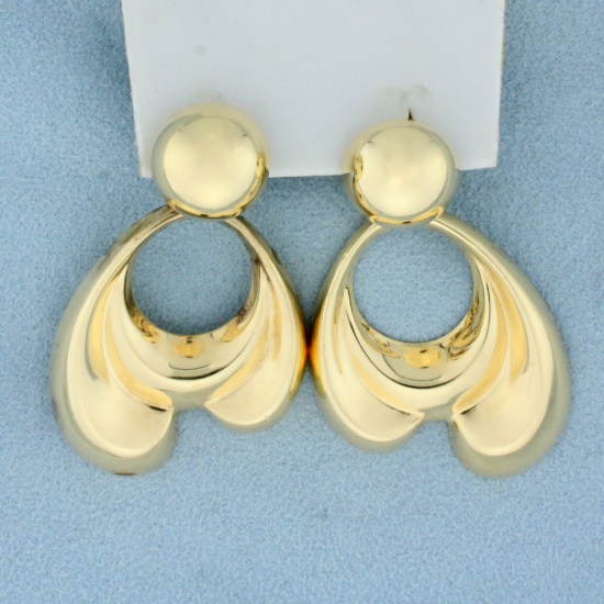 Large Abstract Dangle Doorknocker Style Statement Earrings In 14k Yellow Gold
