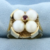 Designer Akoya Pearl And Ruby Target Ring In 14k Yellow Gold