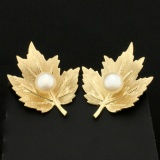 Screw Back Maple Leaf Pearl Earrings In 14k Yellow Gold