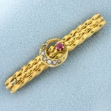 Antique Pink Sapphire And Seed Pearl Pin In 14k Yellow Gold