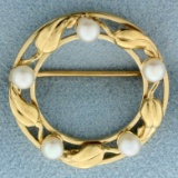 Vintage Leaf Design Cultured Pearl Pin In 14k Yellow Gold