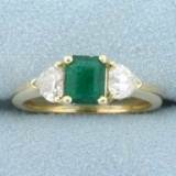 2ct Tw Emerald And Heart Shaped Diamond Three-stone Ring In 14k Yellow Gold