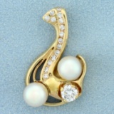 Diamond And Akoya Pearl Pendant In 14k Yellow Gold