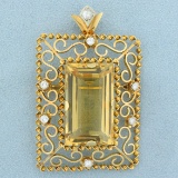 Vintage Very Large Statement Citrine And Diamond Pendant Or Pin In 18k Yellow Gold