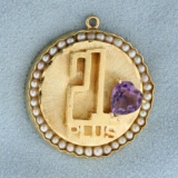 21 Plus Amethyst And Pearl Heart Pendant In 14k Yellow Gold
