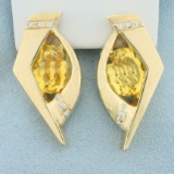Large Abstract Design Citrine And Diamond Earrings In 14k Yellow Gold