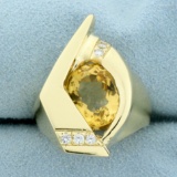 Custom Designed Citrine And Diamond Heavy Ring In 14k Yellow Gold