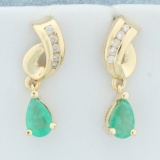 Natural Emerald And Diamond Dangle Earrings In 14k Yellow Gold
