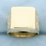 Men's Large Flower Design Signet Ring In 14k Yellow Gold