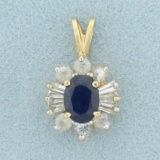 Blue And White Natural Sapphire Pendant In 14k Yellow Gold
