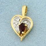 Garnet And Diamond Heart Pendant In 14k Yellow And White Gold