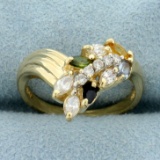 Diamond And Colored Gemstone Wheat Design Ring In 14k Yellow Gold