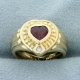 Diamond And Garnet Heart Ring In 14k Yellow Gold