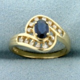 Natural Sapphire And Diamond Ring In 10k Yellow Gold