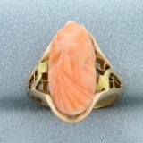 Pink Coral Cameo Ring In 14k Yellow Gold