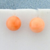 Pink Coral Stud Earrings In 14k Yellow Gold