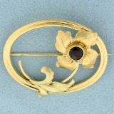Vintage Garnet Flower Design Pin In 14k Yellow Gold