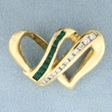 1/2ct Tw Emerald And Diamond Double Heart Pendant Or Slide In 14k Yellow Gold