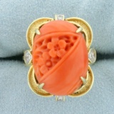 Pink Coral And Diamond Floral Design Ring In 14k Yellow Gold