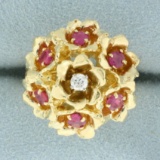 Pink Sapphire And Diamond Flower Design Ring In 14k Yellow Gold