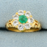 1ct Tw Emerald And White Sapphire Flower Design Ring In 18k Yellow Gold