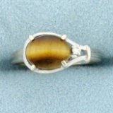Tigers Eye And Diamond Ring In 14k White Gold
