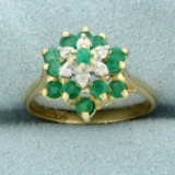 3/4ct Tw Emerald And Diamond Flower Design Ring In 10k Yellow Gold