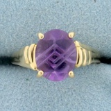 Unique Etched 3ct Amethyst Solitaire Ring In 14k Yellow Gold