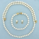 Cultured Pearl And Diamond Necklace, Bracelet And Earring Set In 14k Yellow Gold