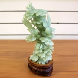 Jade Lotus Flower And Birds Hand Carved Chinese Figurine With Wooden Base
