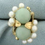 Designer Ming's Hawaii Jade And Pearl Leaf Design Ring In 14k Yellow Gold