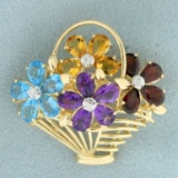 Rainbow Gemstone And Diamond Flower Basket Pin In 14k Yellow Gold