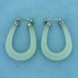 White Jade Elongated Hoop Earrings In Sterling Silver