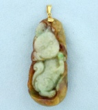 Vintage Chinese Hand Carved Jade Cat Pendant In 14k Yellow Gold