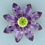 Large Amethyst And Peridot Flower Brooch Pin In 14k Yellow Gold