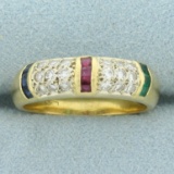 Emerald, Ruby, Sapphire, And Diamond Band Ring In 18k Yellow Gold
