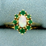 Opal And Emerald Halo Ring In 14k Yellow Gold