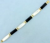 Chinese Good Fortune Black Jade And Mother Of Pearl Bar Bracelet In 14k Yellow Gold
