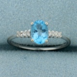 Swiss Blue Topaz And Diamond Ring In 10k White Gold