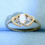 Vintage Opal And Diamond Heart Ring In 10k Yellow Gold