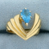 Unique Swiss Blue Topaz Floating Design Ring In In 14k Yellow Gold