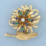 Vintage Dan Frere Designer Emerald, Sapphire, And Diamond Feather And Flower Design Pin Brooch In 14