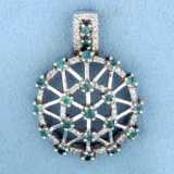 Art Deco Style Green Sapphire And Diamond Pendant In 14k White Gold