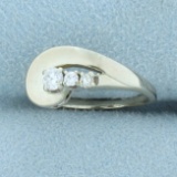 Modern Swoosh Design Three-stone Diamond Ring In 14k White Gold