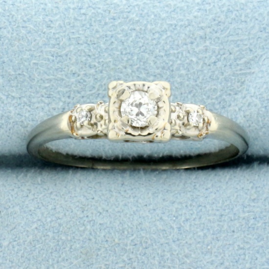 Antique Three Stone European Cut Diamond Engagement Ring In 14k White Gold