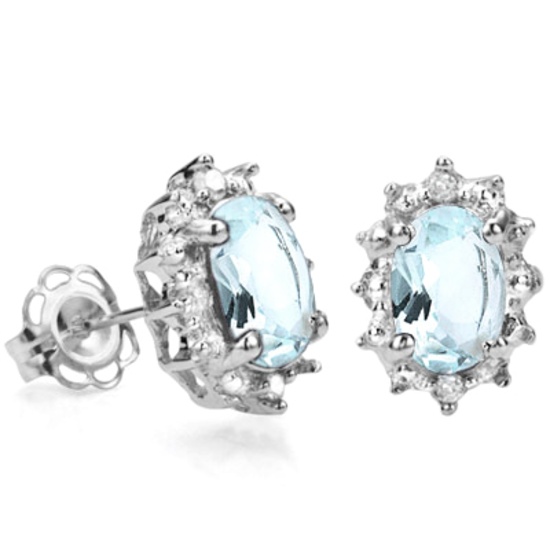 Aquamarine And Diamond Earrings In Sterling Silver
