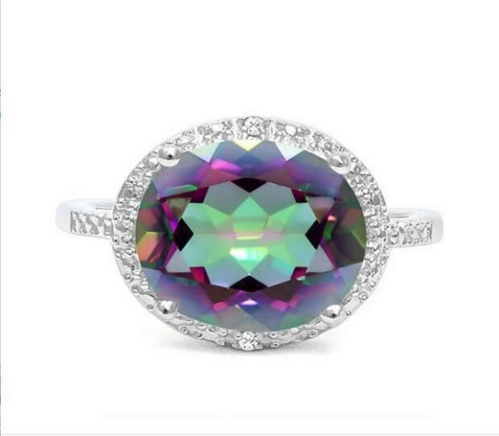 Huge 4.3ct Mystic Topaz & Diamond Statement Ring In Sterling Silver