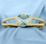Signed Designer Aquamarine Heart And Diamond Bangle Bracelet In 18k Yellow Gold