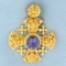 Designer Purple Sapphire Cross Pendant In 18k Yellow Gold